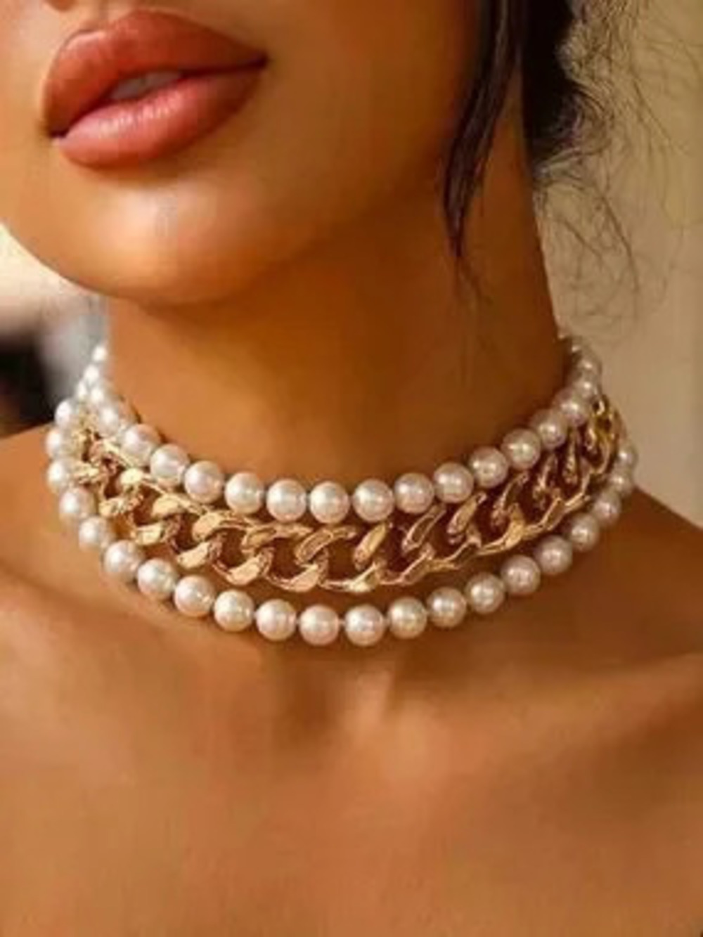 Anthropologie Gold Chain and White Pearl Layered Choker
